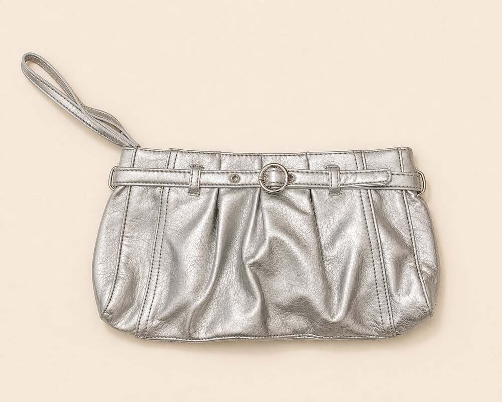 Y2K Neiman Marcus Silver Metallic Mini Shoulder Bag Clutch Ruched 2000s Purse